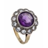 Amethyst-Brillant-Ring GG/WG 585/000 mit einem rund fac. Amethyst 9 mm in guter Farbe und 12