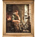 Sign. Fisher, Maler des 19. Jh., nachdenklicher Schmied beim Feilen eines Bauteils, Öl/Lwd., u.