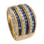 Saphir-Diamant-Ring GG 750/000 mit fac. Saphir-Carrees 2,5 mm und Diamanten, zus. 0,15 ct W/SI, RG
