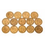 Sammlung 21 Goldmünzen 900/000 davon 14 x Preussen 20 Mark 1873 - 1910, 1 x Sauvereign 1931, 3 x