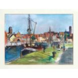 Paul Paeschke (1875-1943), Hafen mit Blick auf eine norddeutsche Altstadt, Pastellkreide auf Papier,