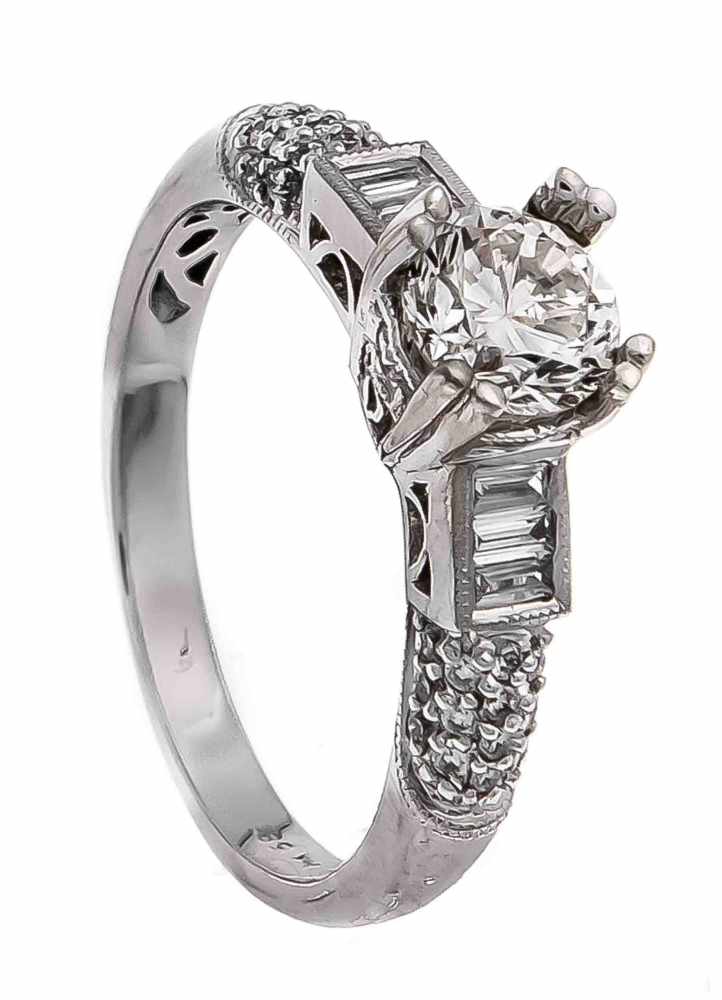 Brillant-Ring WG 585/000 mit einem Brillanten 0,80 ct get.W/SI, Brillanten und Diamant-Baguettes,
