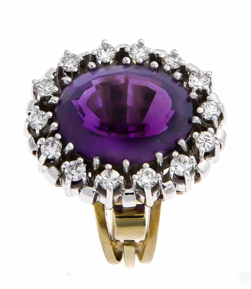 Amethyst-Brillant-Ring GG/WG 750/000 mit einem fac. Amethyst 14,5 x 11 mm in sehr guter Farbe und