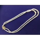 A TWO ROW PEARL NECKLACE WITH YELLOW METAL DIAMOND SET CLASP AND PAIR OF 9CT GOLD SOLITAIRE PEARL