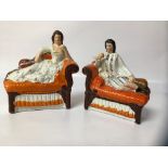 PAIR OF STAFFORDSHIRE RECLINING MAN AND WOMAN FIGURES WITH LUTES,