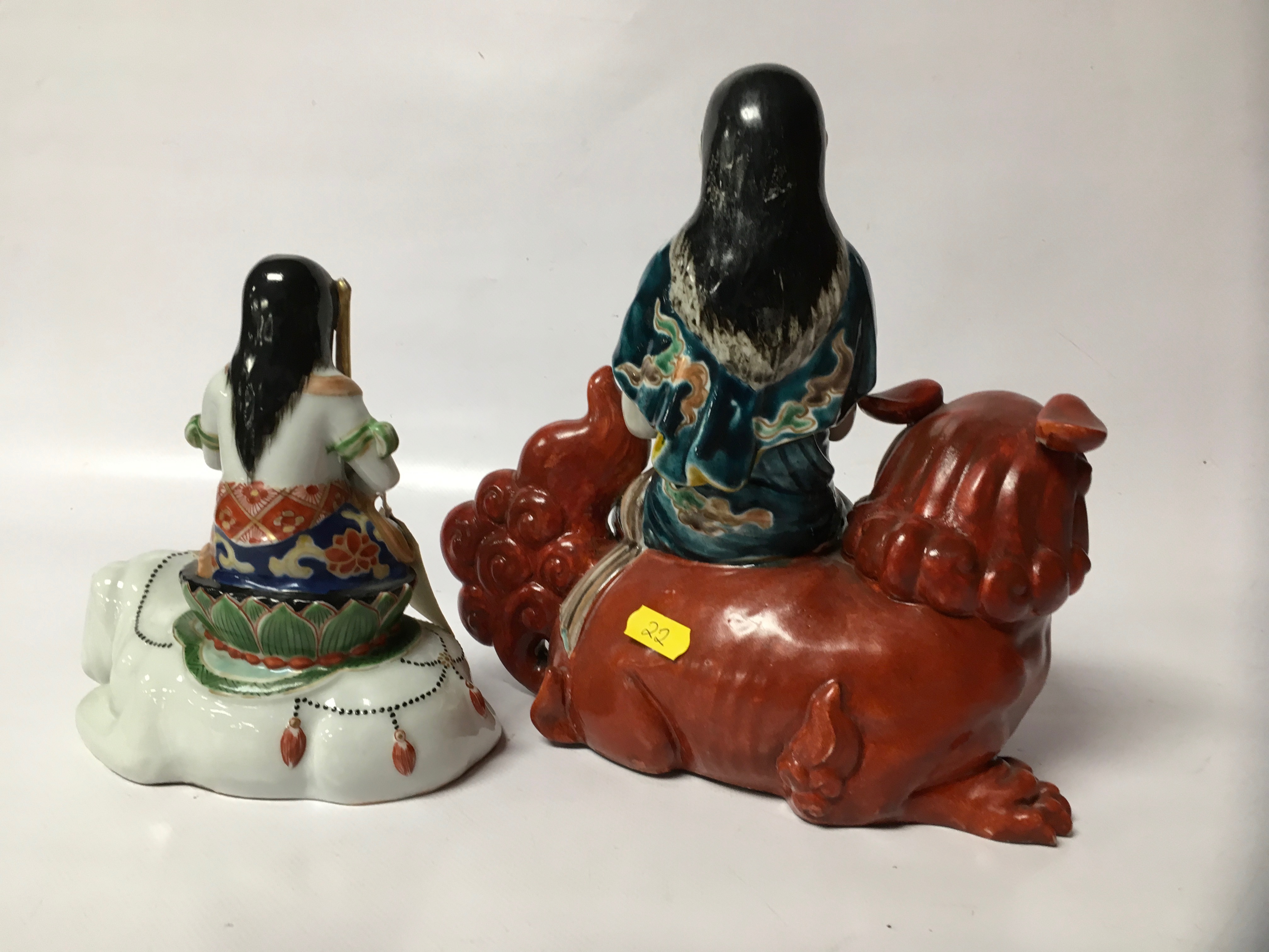 TWO KUTANI FIGURES - MEIJI FIGURE - GHANYIN ON FOO DOG AND 25CM AND GHANYIN SEATED ON ELEPHANT, - Image 2 of 3