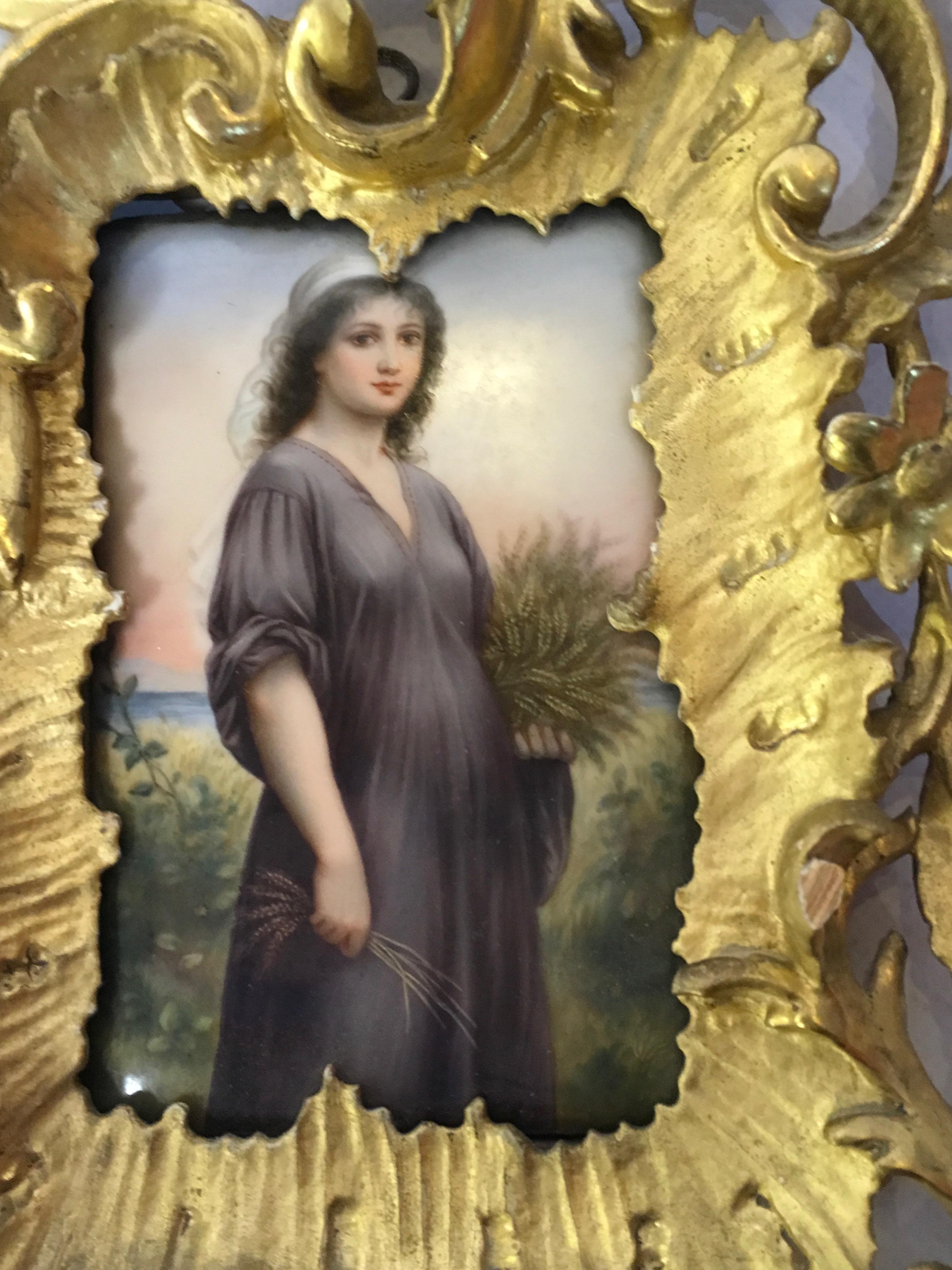 A FRAMED BERLIN TYPE PLAQUE 3/4 LENGTH PORTRAIT ON CERAMIC OF RUTH GLEANING, RECTANGULAR,