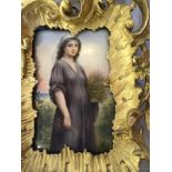 A FRAMED BERLIN TYPE PLAQUE 3/4 LENGTH PORTRAIT ON CERAMIC OF RUTH GLEANING, RECTANGULAR,