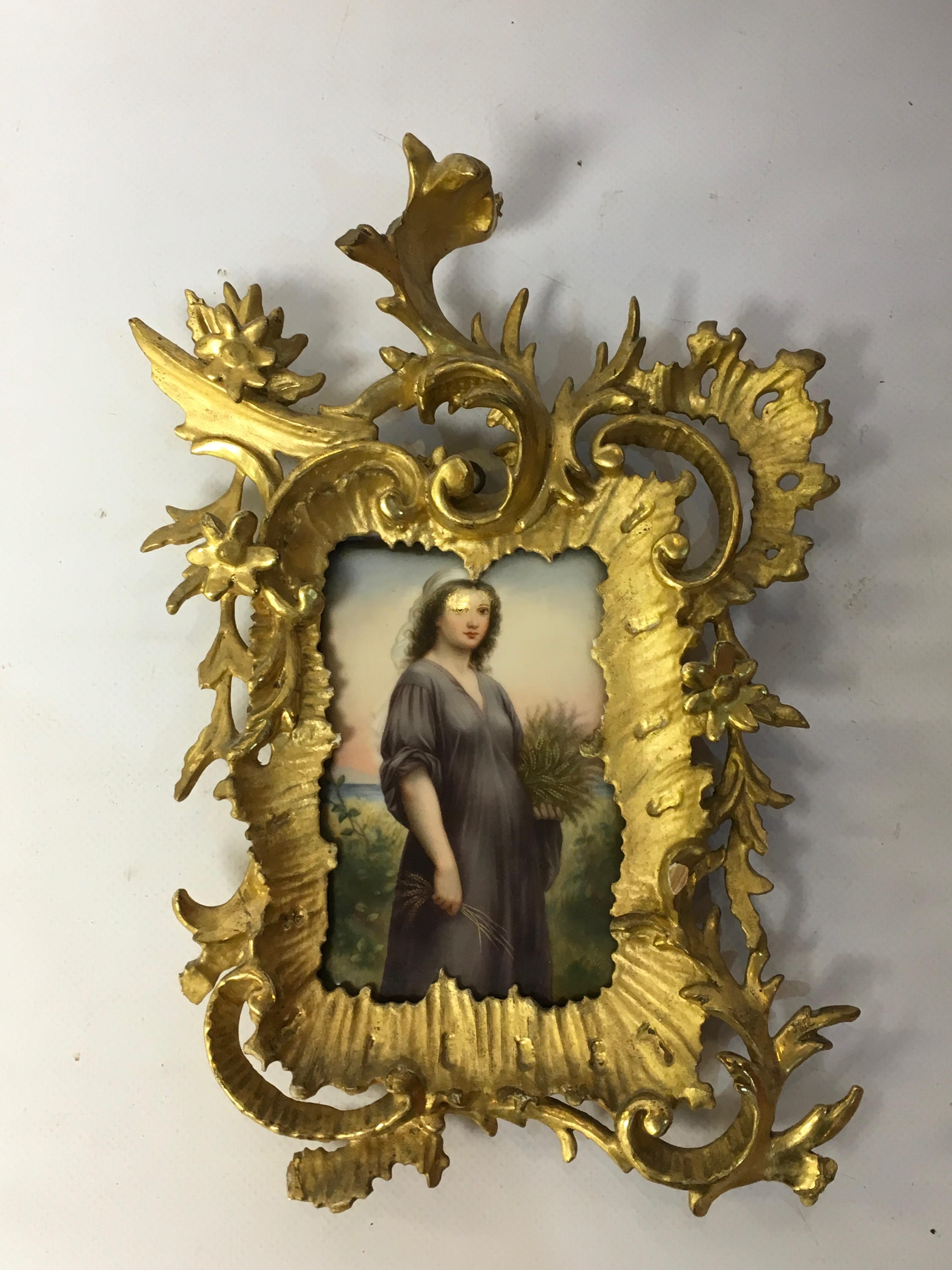 A FRAMED BERLIN TYPE PLAQUE 3/4 LENGTH PORTRAIT ON CERAMIC OF RUTH GLEANING, RECTANGULAR, - Image 3 of 4