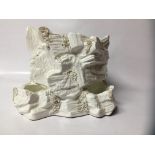WHITE CHINA "CACHEPOT" DECORATED WITH FERNS, IN THE FORM OF A ROCK POOL (AF) 24CM HT.