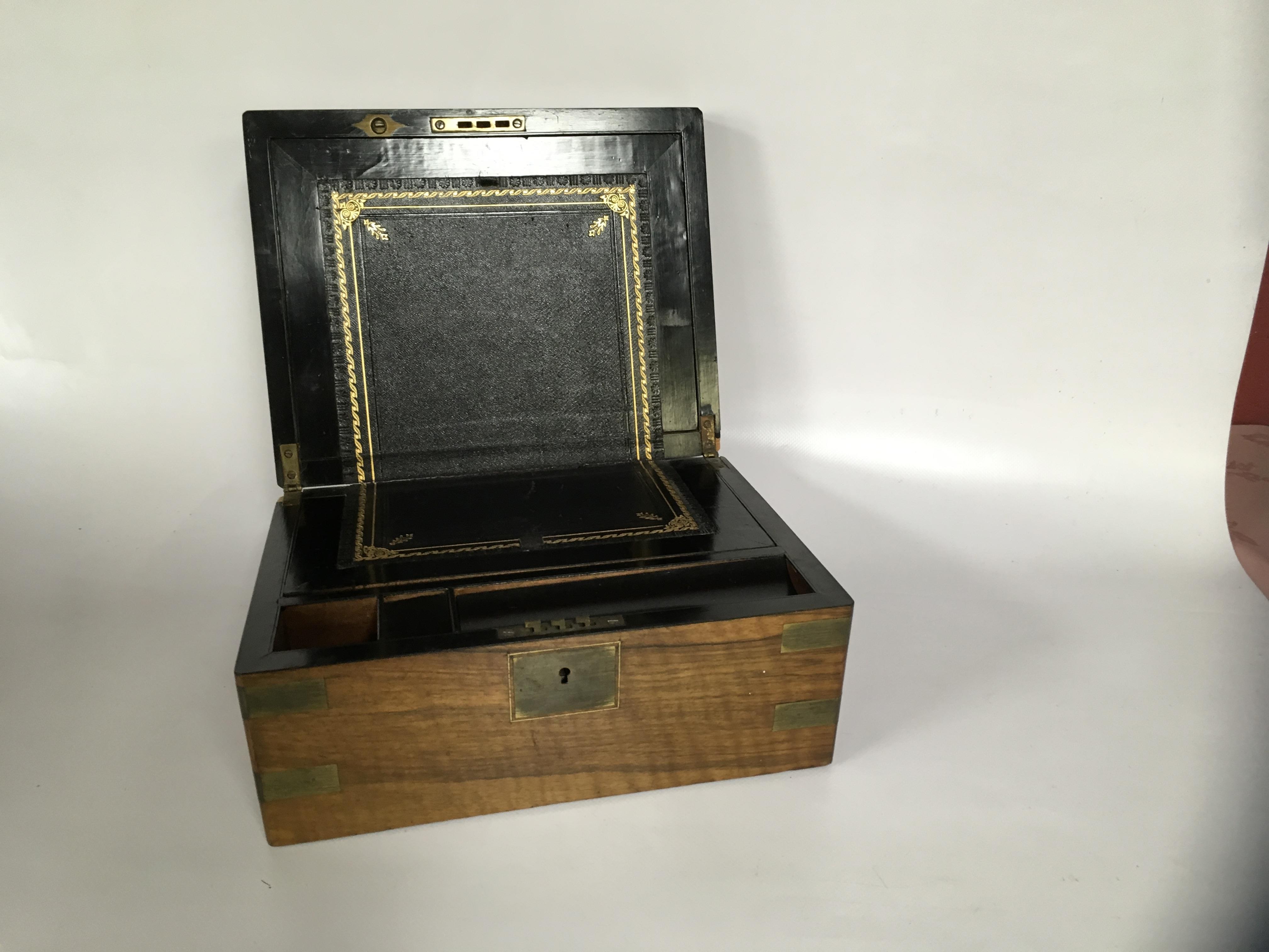 A WALNUT FITTED WRITING SLOPE WITH BRASS CARTOUCHE, CORNERS AND MOUNTS, - Image 2 of 4