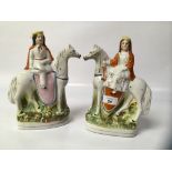 PAIR OF STAFFORDSHIRE FLAT BACKS MAN AND WOMAN ON HORSE BACK,