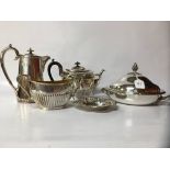 SIX PIECES OF SILVER PLATED WARE TO INCLUDE TEAPOT, SUGAR, CREAM, COFFEE POT,
