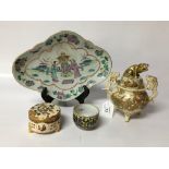 CHINESE FAMILE ROSE FOOTED DISH, 2 SATSUMA POTS WITH LIDS AF,