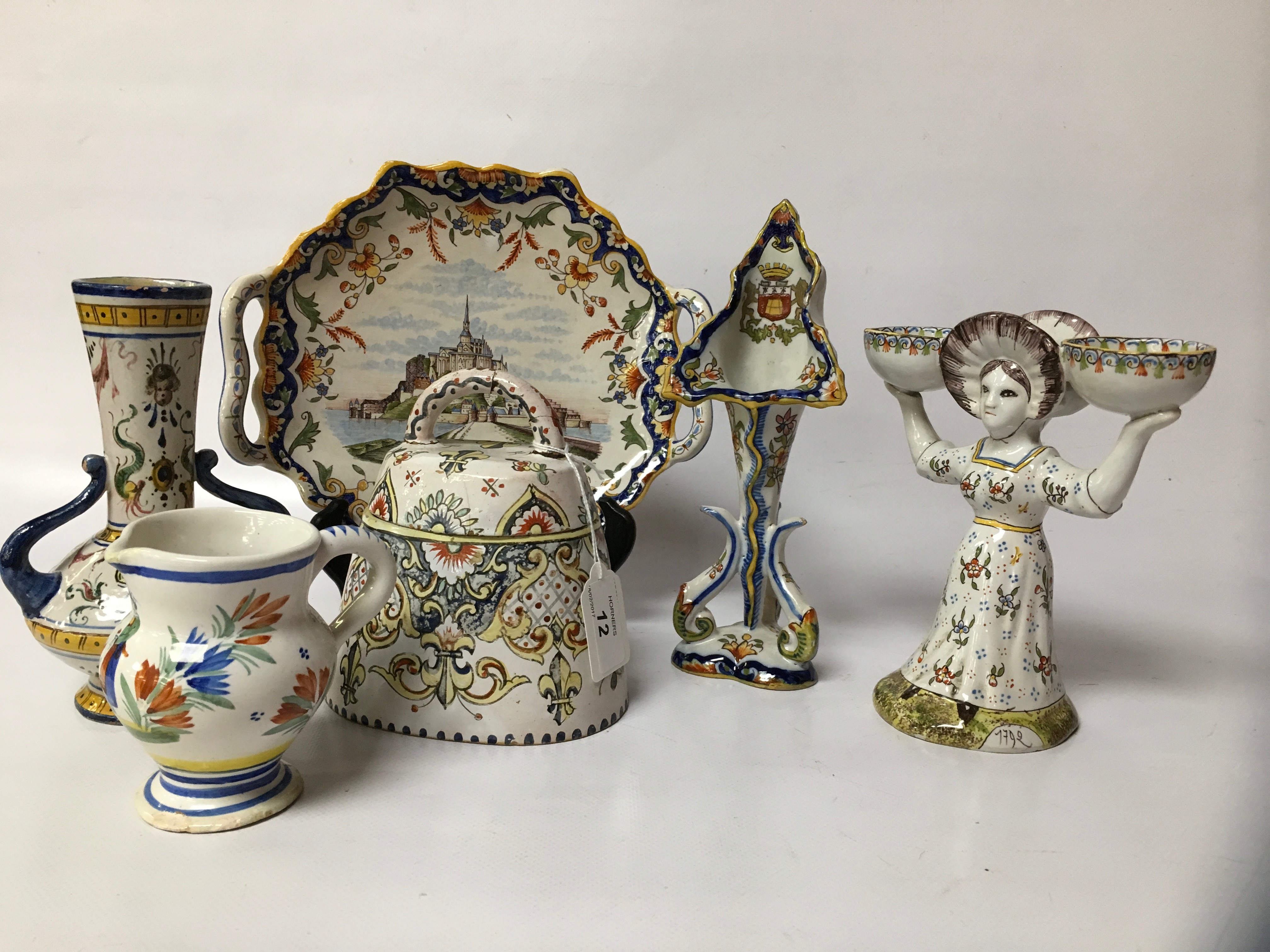 FIVE PIECES OF QUIMPER WARE AND A SIMILAR ITALIAN VASE