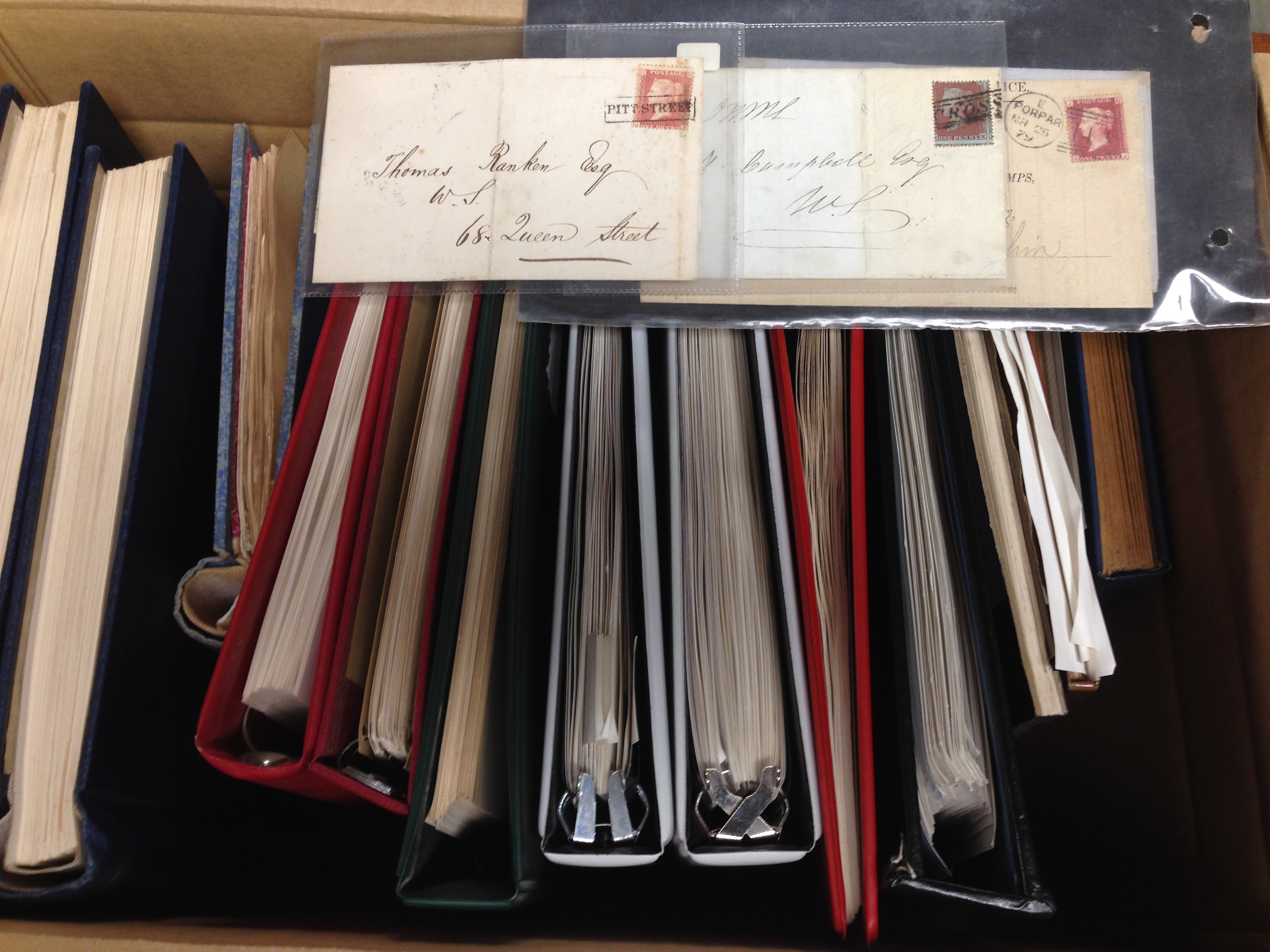 GB: LARGE BOX REMAINDER COLLECTIONS IN FOURTEEN ALBUMS, TWO COVERS WITH SCOTS LOCAL POSTMARKS ETC.