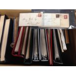 GB: LARGE BOX REMAINDER COLLECTIONS IN FOURTEEN ALBUMS, TWO COVERS WITH SCOTS LOCAL POSTMARKS ETC.