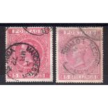 GB: 1867-83 5/- ROSE PLATE 1, PALE ROSE PLATE 2, BOTH CDS USED, SG 126,