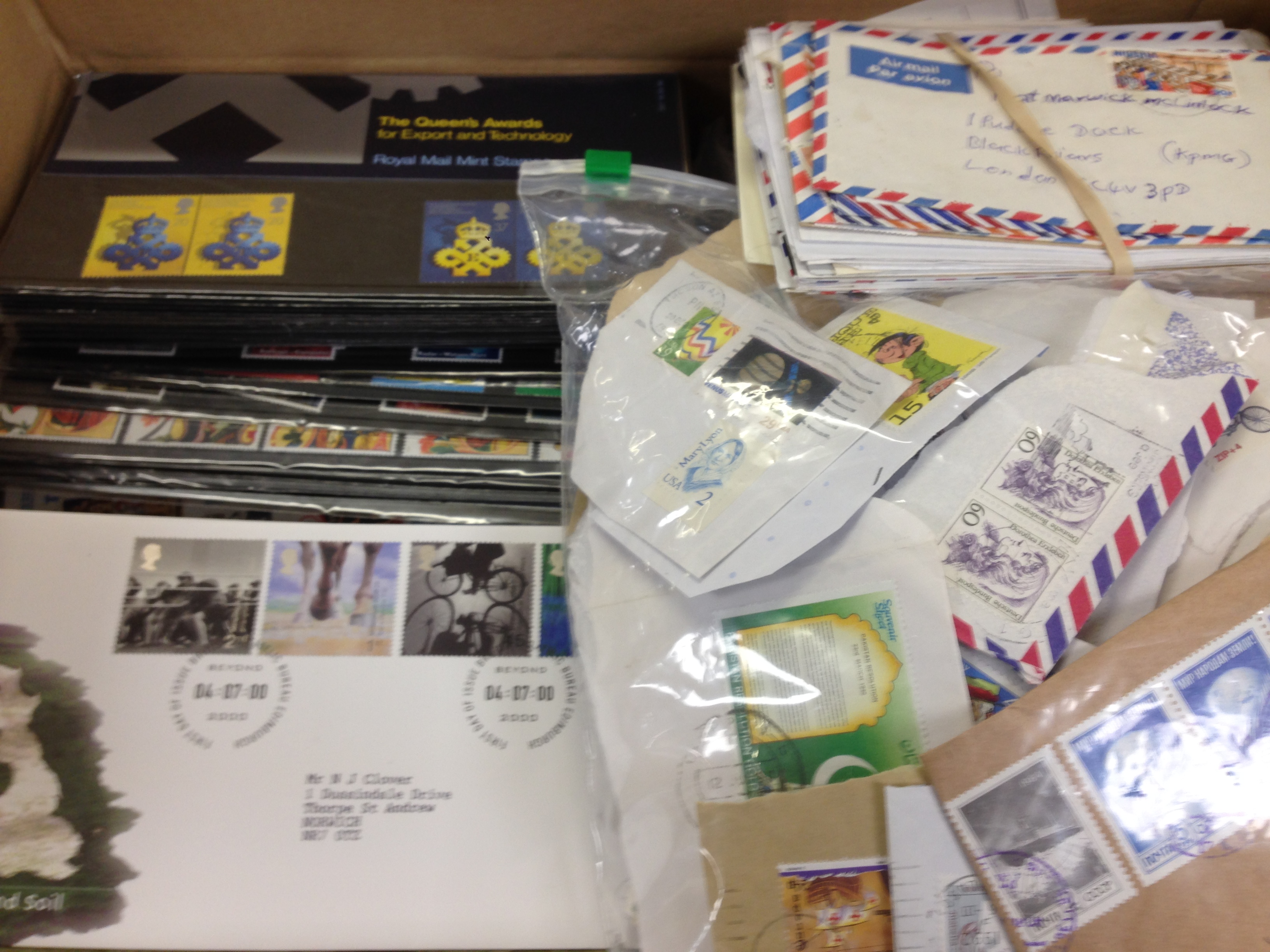 BOX WITH ALL WORLD c1990 LOOSE STAMPS AND COMMERCIAL COVERS, GB FDC, PRESENTATION PACKS ETC.