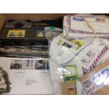 BOX WITH ALL WORLD c1990 LOOSE STAMPS AND COMMERCIAL COVERS, GB FDC, PRESENTATION PACKS ETC.