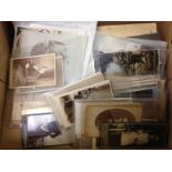 BOX OF CABINET AND CDV PHOTOS, POSTCARDS WW1 GREETINGS CARDS ETC.