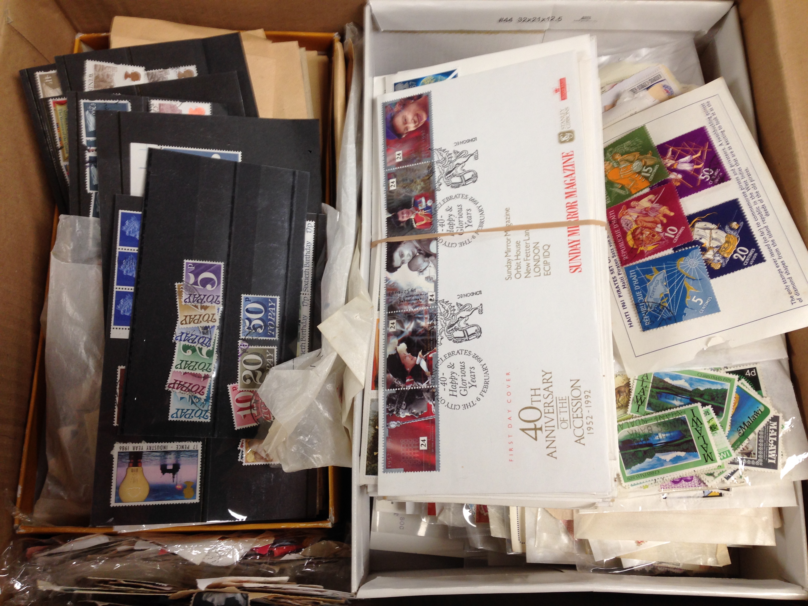 BOX OF COLLECTOR'S SURPLUS ON CARDS AND LOOSE, GB FDC ETC.