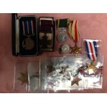 SMALL COLLECTION MEDALS WITH WW2 STARS (6), TERRITORIAL EFFICIENCY MEDAL TO 2090231 PTE. P.