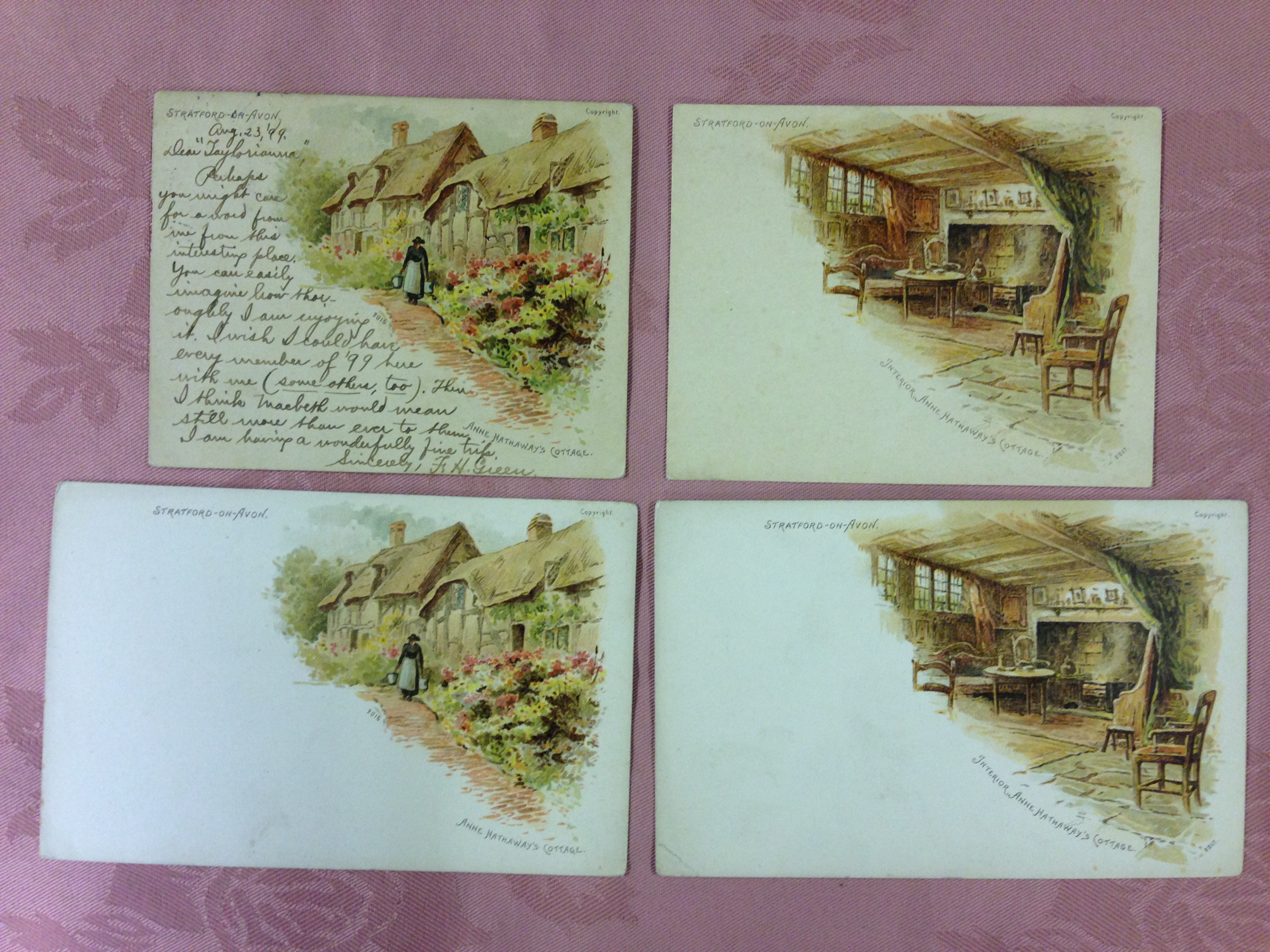 BOX OF A COLLECTION OF ANNE HATHAWAYS COTTAGE IN TWO ALBUMS AND LOOSE, ART, RP, TWO COURT SIZE ETC.