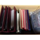 GB: BOX WITH COLLECTIONS AND FDC IN SEVEN ALBUMS AND LOOSE, POSTAGE DUES, 1984,85,86 YEAR BOOKS ETC.