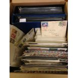 BOX OF COVERS AND CARDS IN TWO ALBUMS AND LOOSE, CANADA FDC, PNG, AUSTRALIA,