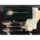 A SILVER TEASPOON LONDON 1807 AND A SILVER TEASPOON LONDON 1801 ALONG WITH A PLATED SPOON AND