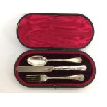 EDWARDIAN CASED SILVER CHRISTENING SET - KNIFE FORK AND SPOON,