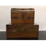 A WALNUT DOMED TOP CADDY AND A ROSEWOOD SEWING BOX