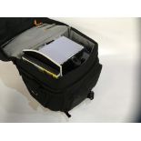 PROFESSIONAL TEW LOWEPRO CAMERA BAG CONTAINING VARIOUS CAMERA ACCESSORIES TO INCLUDE CAMLIGHT FLASH,