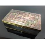 A CANTONESE SILVER BOX WITH MOTHER OF PEARL LID, FINELY CARVED WITH CHINESE FIGURES AND WILLOWS ,