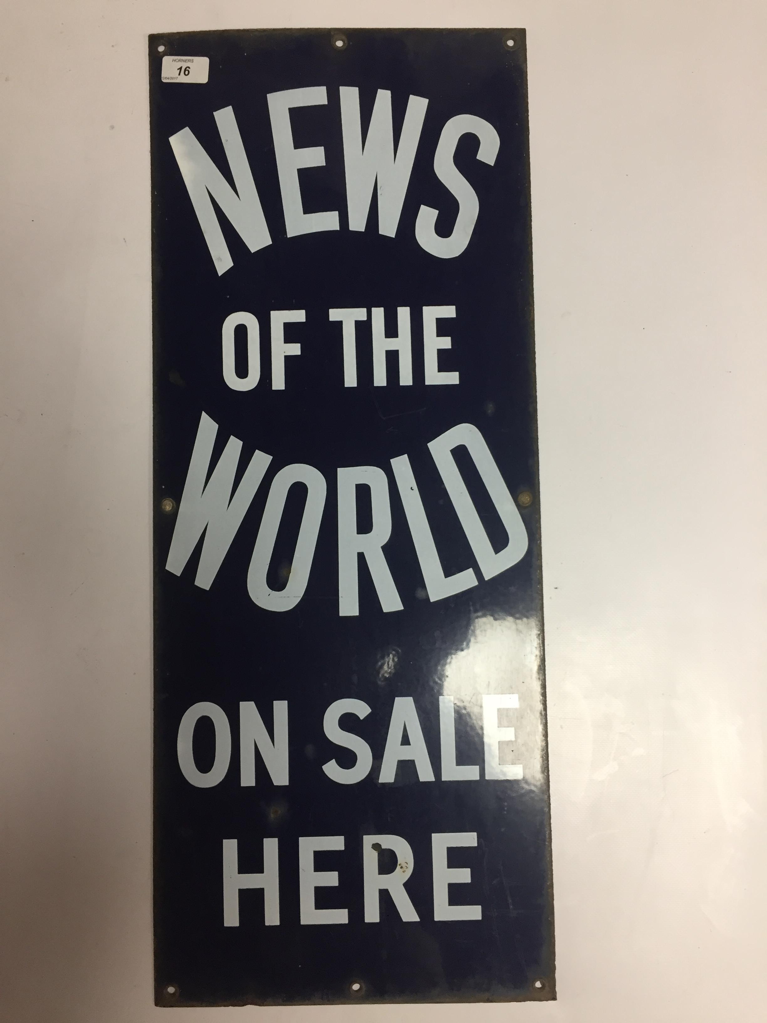 ENAMEL ADVERTISING SIGN ' NEWS OF THE WORLD' 31 X 76CM