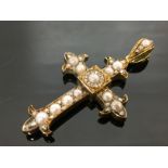 A C19TH GOLD CROSS PENDANT SET WITH IMPRESSIVE DIAMONDS AND PEARLS. PRESENTED IN BLUE VELVET BOX.