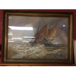 WATER COLOUR OF GREAT YARMOUTH LUGGER IN ROUGH SEAS, BEARING SIGNATURE J.