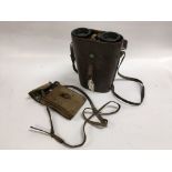 PAIR C2 BARR AND STROUND 10X CF26 BINOCULARS IN LEATHER CASE AND VINTAGE THAGEE CAMERA IN CASE