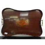 EDWARDIAN MAHOGANY TEA TRAY INLAID WITH SHELL PATTERN PANEL