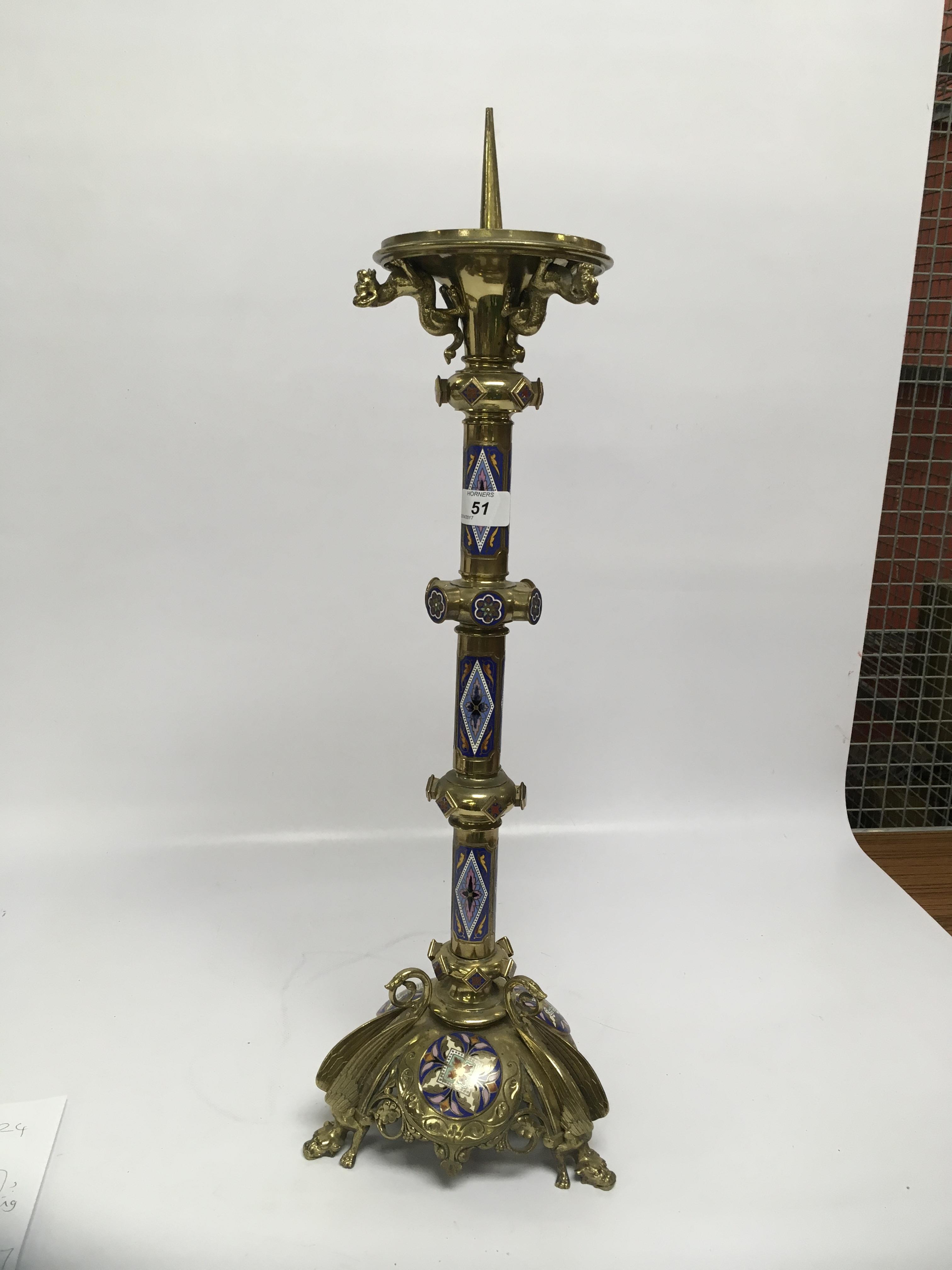 LARGE FRENCH BRASS CLOISONNE DETAILED CANDLE STICK,