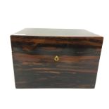 AN EARLY VICTORIAN COROMANDEL WOOD TOILET BOX, RECTANGULAR OUTLINE, WITH SPRING RELEASE DRAWER,