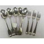 SET OF FIVE SILVER SERVING SPOONS,