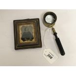 OLD BOTANIST FIELD MICROSCOPE MAGNIFYING GLASS AND 2 EARLY DAGUERREOTYPE FRAMED PHOTOS