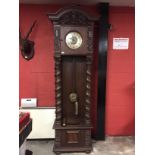 LARGE OAK BLACK FOREST STYLE LONG CASE CLOCK WITH HEAVY BARLEYTWIST COLUMNS 30 HOUR MOVEMENT