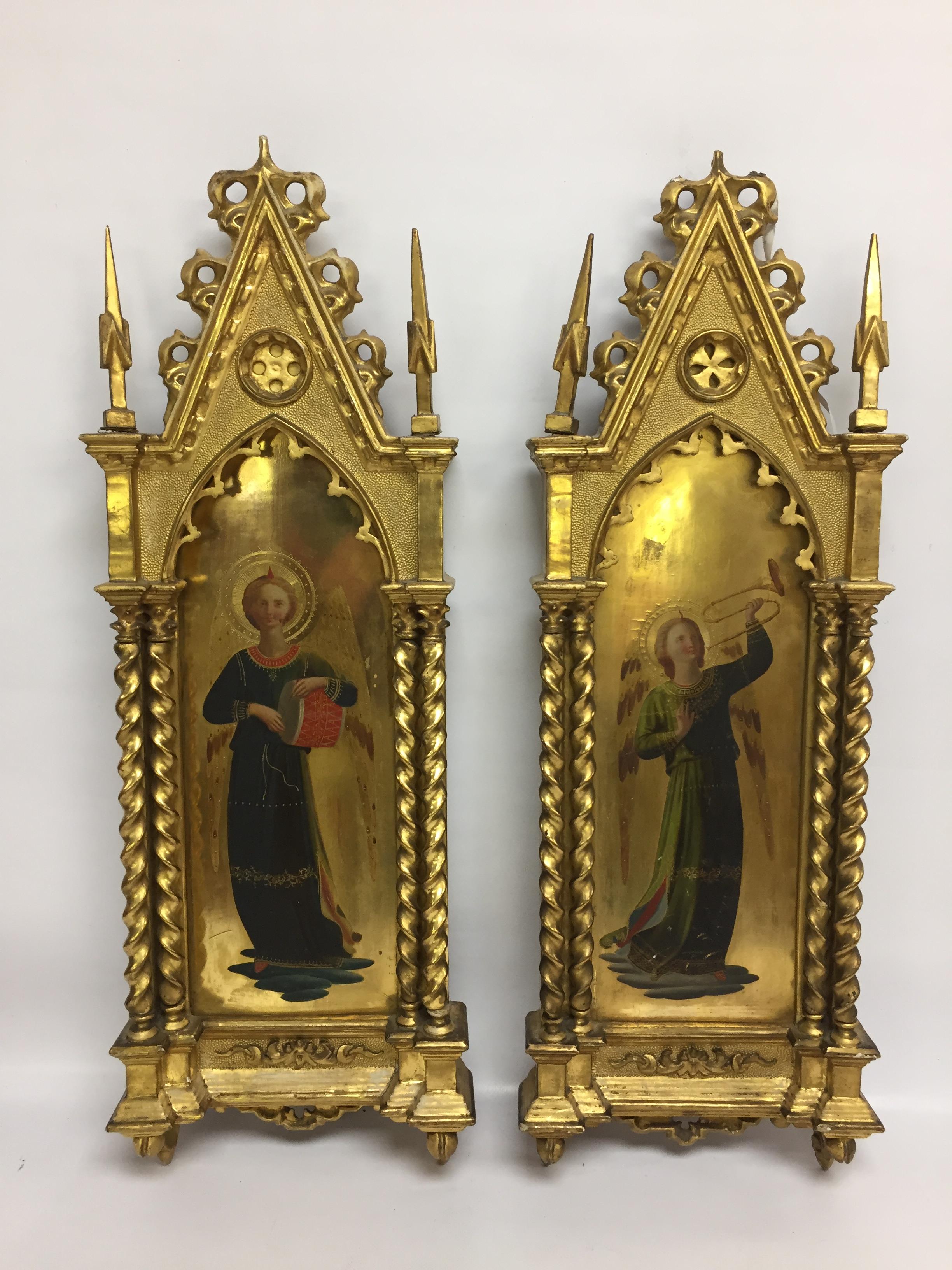 A PAIR OF 19TH CENTURY ITALIAN ANTIQUE GILT WOOD PAINTED ICONS BEARING LABEL PATT GALLERY TO BACK