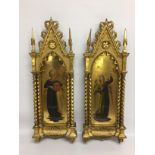 A PAIR OF 19TH CENTURY ITALIAN ANTIQUE GILT WOOD PAINTED ICONS BEARING LABEL PATT GALLERY TO BACK