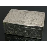 EARLY C19TH CONTINENTAL SILVER SNUFF BOX WITH CHASED 'FIGURES IN LANDSCAPE' DECORATION 7CM