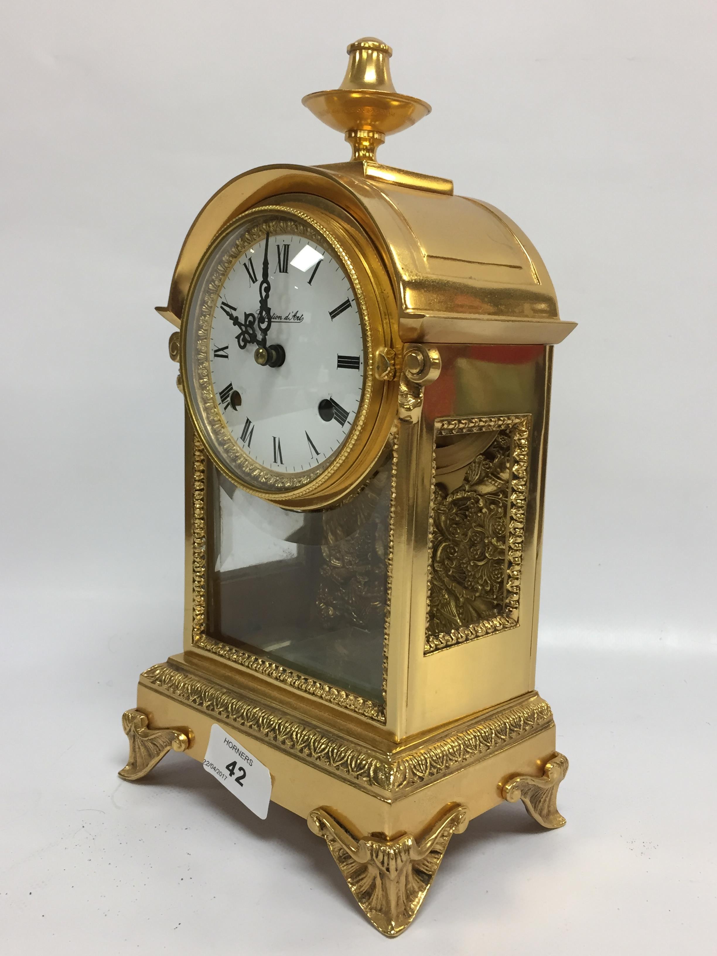 BRASS MANTLE CLOCK WITH GLASS FRONT AND SIDE PANELS, - Image 2 of 3