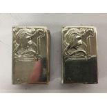 PAIR OF PLATED MATCHBOX SLEEVES WITH ART DECO 'MUCHA' GIRL WITH LONG HAIR. MARKED N.